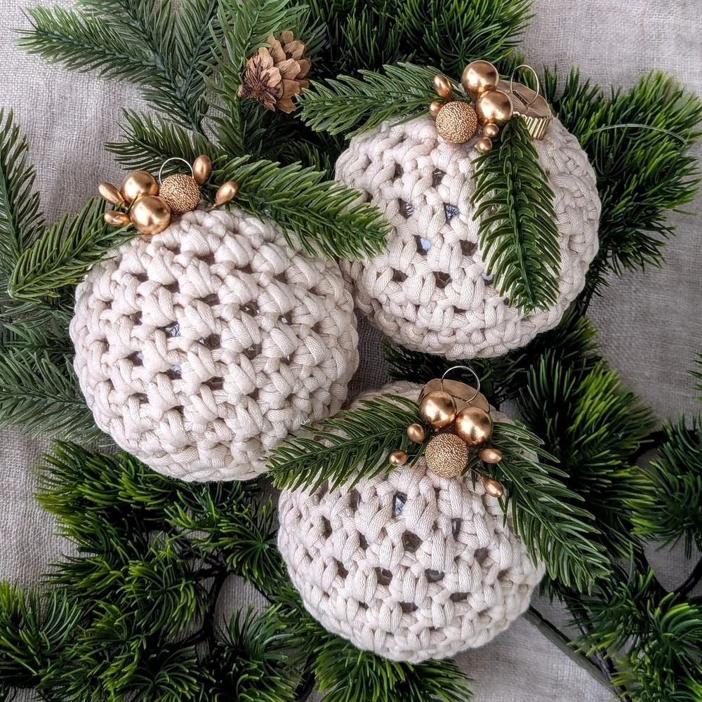 Handcrafted Crochet Ornament Ball Cream with Gold Accents Christmas Tree Gift